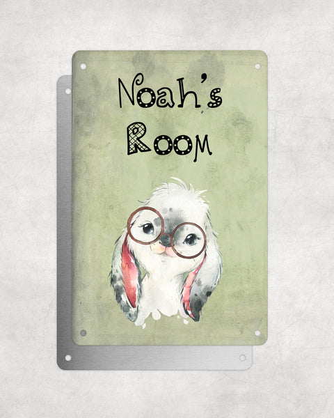 Cute Animal Personalised Name Plaque – Baby Rabbit With Brown Glasses | Vintage-Style Green Aluminium Sign for Kids’ Room