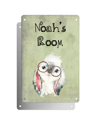Cute Animal Personalised Name Plaque – Baby Rabbit With Brown Glasses | Vintage-Style Green Aluminium Sign for Kids’ Room