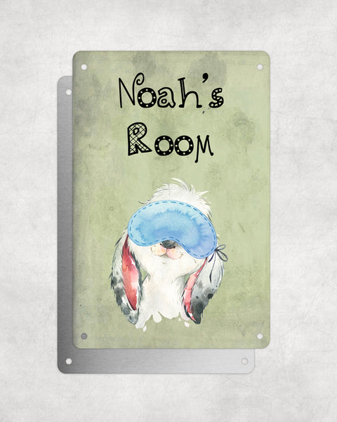 Cute Animal Personalised Name Plaque – Baby Rabbit With Sleep Mask | Vintage-Style Green Aluminium Sign for Kids’ Room