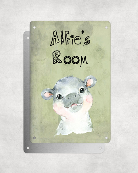 Cute Animal Personalised Name Plaque – Baby Hippo | Vintage-Style Green Aluminium Sign for Kids’ Room