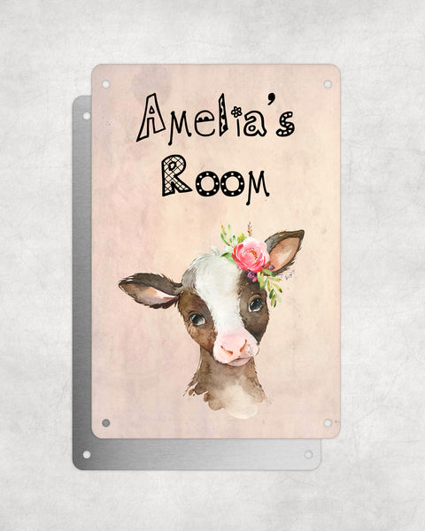 Cute Animal Personalised Name Plaque – Baby Calf With Flower | Vintage-Style Aluminium Sign for Kids’ Room