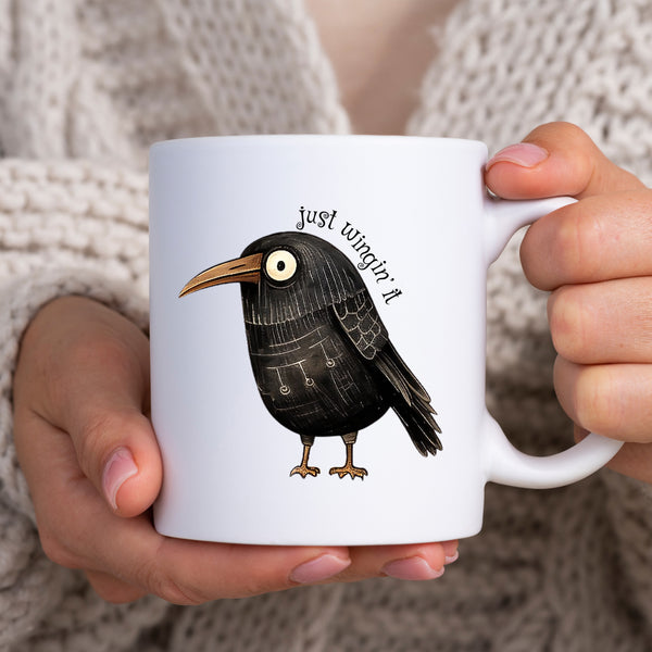 Just Wingin' It, Funny Birthday Gift with Crow Design, Personalised Mug