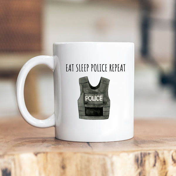 Eat Sleep Police Repeat, Funny Officer Customised Quote Joke Gift, Personalised Work Mug