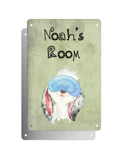 Cute Animal Personalised Name Plaque – Baby Rabbit With Sleep Mask | Vintage-Style Green Aluminium Sign for Kids’ Room
