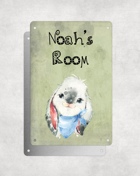 Cute Animal Personalised Name Plaque – Baby Rabbit With Blue Neck Tie | Vintage-Style Green Aluminium Sign for Kids’ Room