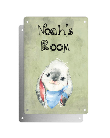 Cute Animal Personalised Name Plaque – Baby Rabbit With Blue Neck Tie | Vintage-Style Green Aluminium Sign for Kids’ Room