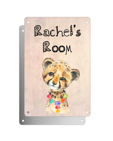 Cute Animal Personalised Name Plaque – Baby Cheetah With Hawaiian Lei | Vintage-Style Aluminium Sign for Kids’ Room