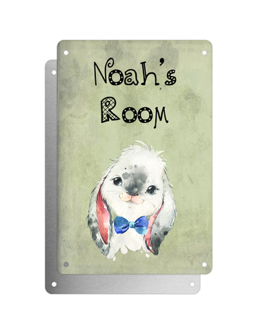 Cute Animal Personalised Name Plaque – Baby Rabbit With Blue Bow Tie | Vintage-Style Green Aluminium Sign for Kids’ Room