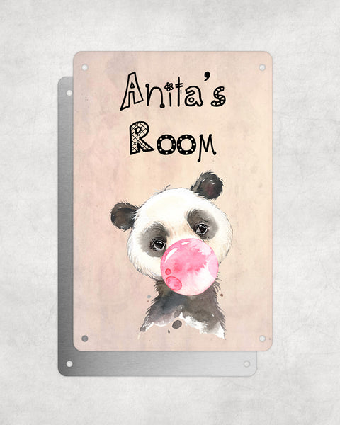 Cute Animal Personalised Name Plaque – Baby Panda With Bubblegum | Vintage-Style Aluminium Sign for Kids’ Room
