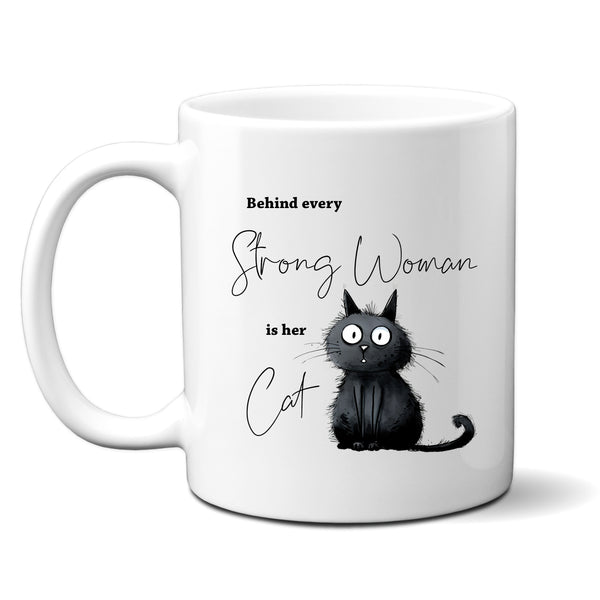 Behind Every Strong Woman is Her Cat, Funny Gift, Black Cat, Personalised Mug