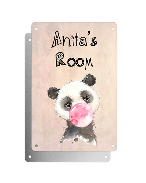 Cute Animal Personalised Name Plaque – Baby Panda With Bubblegum | Vintage-Style Aluminium Sign for Kids’ Room
