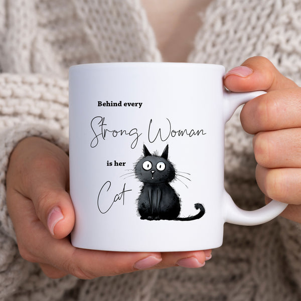 Behind Every Strong Woman is Her Cat, Funny Gift, Black Cat, Personalised Mug