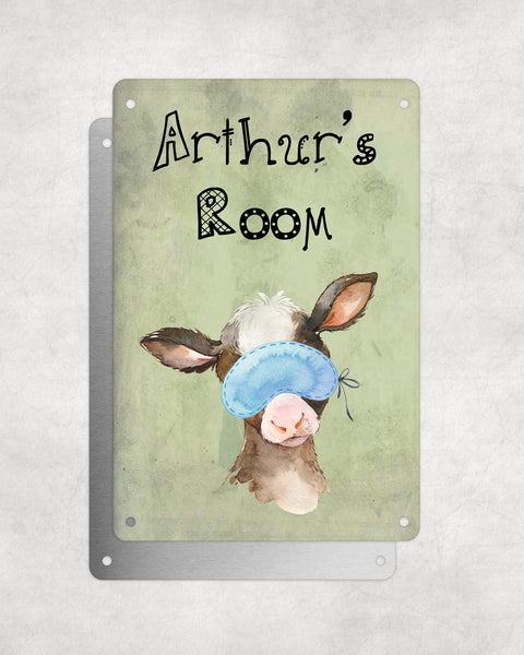 Cute Animal Personalised Name Plaque – Baby Calf With Sleep Mask | Vintage-Style Green Aluminium Sign for Kids’ Room