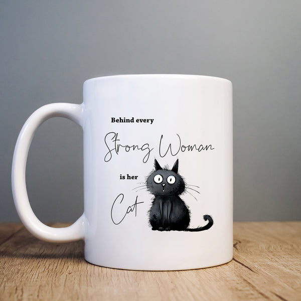Behind Every Strong Woman is Her Cat, Funny Gift, Black Cat, Personalised Mug