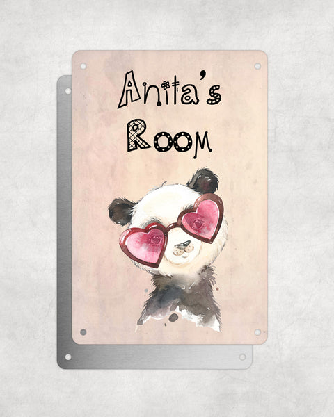 Cute Animal Personalised Name Plaque – Baby Panda With Heart Sunglasses | Vintage-Style Aluminium Sign for Kids’ Room
