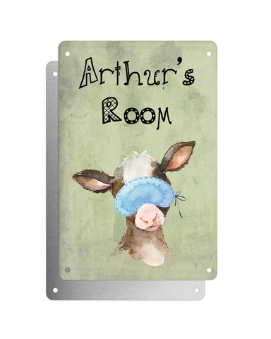 Cute Animal Personalised Name Plaque – Baby Calf With Sleep Mask | Vintage-Style Green Aluminium Sign for Kids’ Room