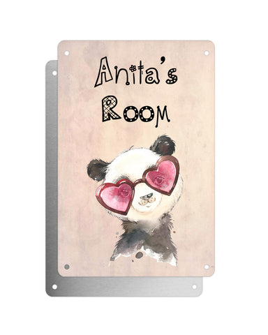 Cute Animal Personalised Name Plaque – Baby Panda With Heart Sunglasses | Vintage-Style Aluminium Sign for Kids’ Room