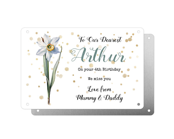 Personalised Graveside Plaque, Aluminium Bereavement Sheet, Metal Sign, White Narcissus Remembrance Gift