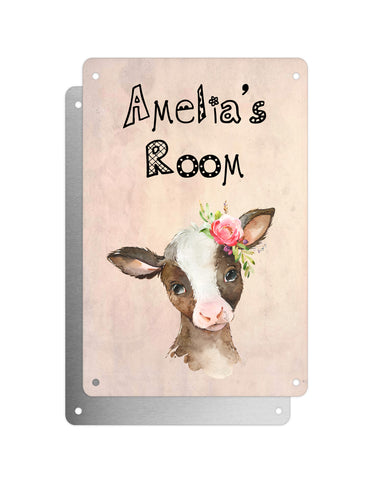 Cute Animal Personalised Name Plaque – Baby Calf With Flower | Vintage-Style Aluminium Sign for Kids’ Room