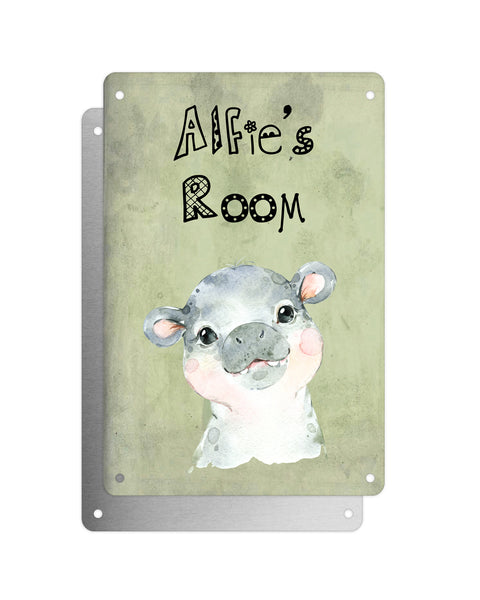 Cute Animal Personalised Name Plaque – Baby Hippo | Vintage-Style Green Aluminium Sign for Kids’ Room