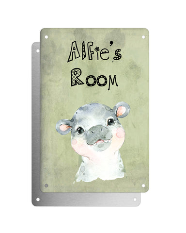 Cute Animal Personalised Name Plaque – Baby Hippo | Vintage-Style Green Aluminium Sign for Kids’ Room