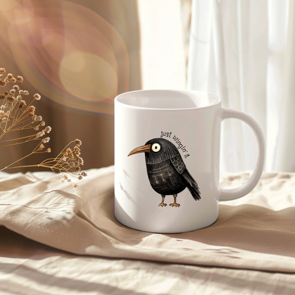 Just Wingin' It, Funny Birthday Gift with Crow Design, Personalised Mug