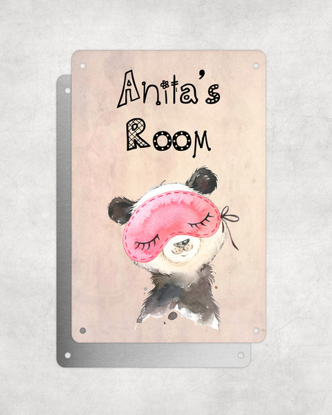 Cute Animal Personalised Name Plaque – Baby Panda With Sleep Mask | Vintage-Style Aluminium Sign for Kids’ Room