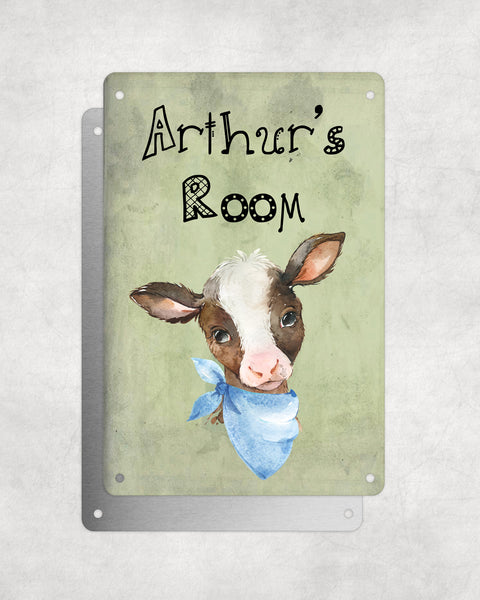 Cute Animal Personalised Name Plaque – Baby Calf With Blue Neck Tie | Vintage-Style Green Aluminium Sign for Kids’ Room