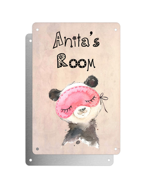 Cute Animal Personalised Name Plaque – Baby Panda With Sleep Mask | Vintage-Style Aluminium Sign for Kids’ Room