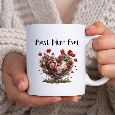 Best Mum Ever, Cute Mother's Day Gift with Heart of Flowers, Birthday Personalised Mug