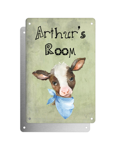 Cute Animal Personalised Name Plaque – Baby Calf With Blue Neck Tie | Vintage-Style Green Aluminium Sign for Kids’ Room
