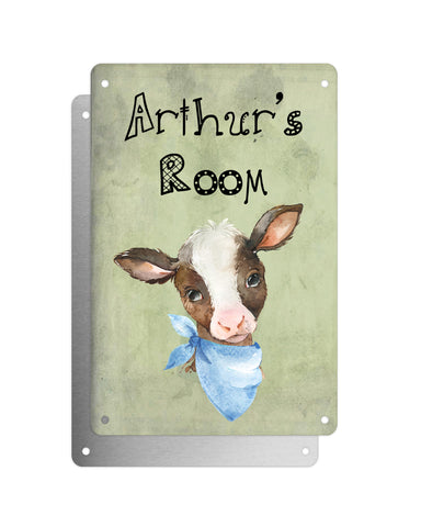 Cute Animal Personalised Name Plaque – Baby Calf With Blue Neck Tie | Vintage-Style Green Aluminium Sign for Kids’ Room