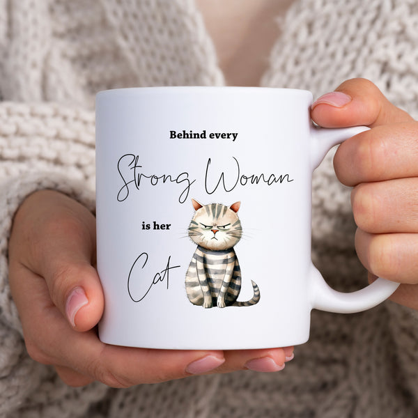 Behind Every Strong Woman is Her Cat, Funny Gift, Tabby Cat, Personalised Mug