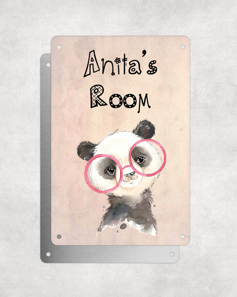 Cute Animal Personalised Name Plaque – Baby Panda With Pink Glasses | Vintage-Style Aluminium Sign for Kids’ Room