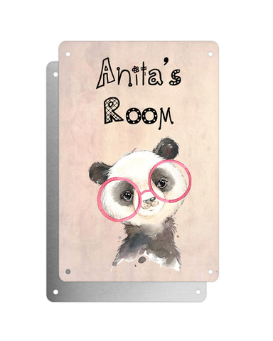 Cute Animal Personalised Name Plaque – Baby Panda With Pink Glasses | Vintage-Style Aluminium Sign for Kids’ Room