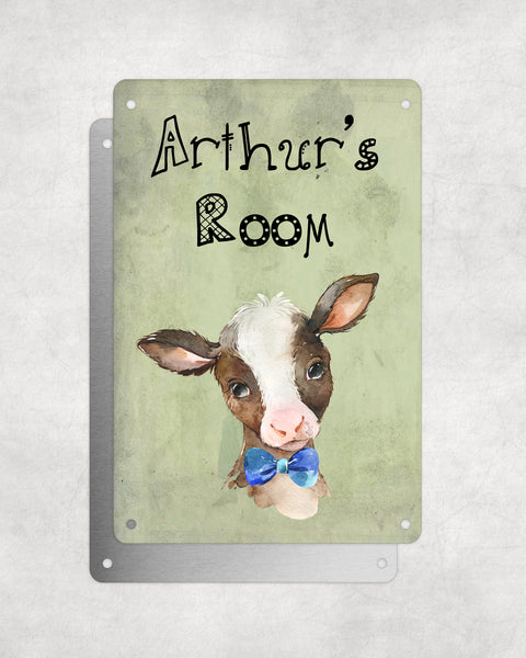 Cute Animal Personalised Name Plaque – Baby Calf With Blue Bow Tie | Vintage-Style Green Aluminium Sign for Kids’ Room