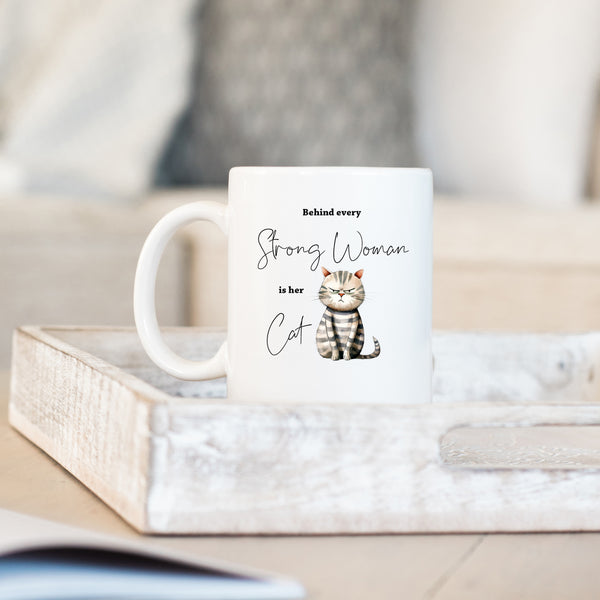 Behind Every Strong Woman is Her Cat, Funny Gift, Tabby Cat, Personalised Mug