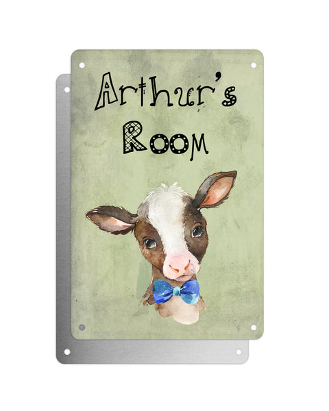 Cute Animal Personalised Name Plaque – Baby Calf With Blue Bow Tie | Vintage-Style Green Aluminium Sign for Kids’ Room