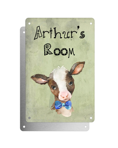 Cute Animal Personalised Name Plaque – Baby Calf With Blue Bow Tie | Vintage-Style Green Aluminium Sign for Kids’ Room