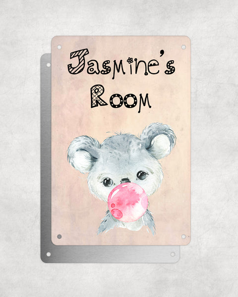 Cute Animal Personalised Name Plaque – Baby Koala With Bubblegum | Vintage-Style Aluminium Sign for Kids’ Room