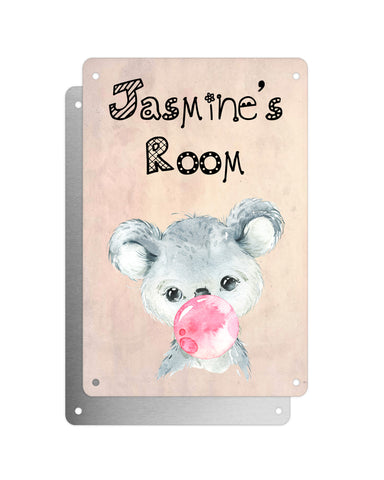 Cute Animal Personalised Name Plaque – Baby Koala With Bubblegum | Vintage-Style Aluminium Sign for Kids’ Room