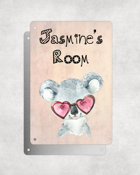 Cute Animal Personalised Name Plaque – Baby Koala With Heart Sunglaseses | Vintage-Style Aluminium Sign for Kids’ Room