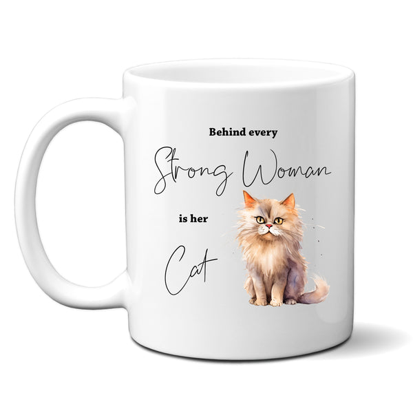 Behind Every Strong Woman is Her Cat, Funny Gift, White Cat, Personalised Mug