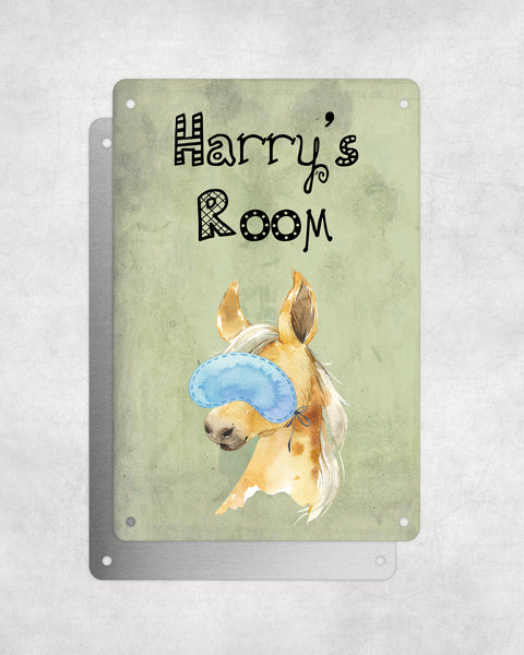 Cute Animal Personalised Name Plaque – Baby Foal With Sleep Mask | Vintage-Style Green Aluminium Sign for Kids’ Room