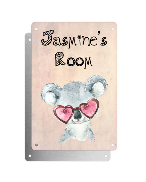 Cute Animal Personalised Name Plaque – Baby Koala With Heart Sunglaseses | Vintage-Style Aluminium Sign for Kids’ Room