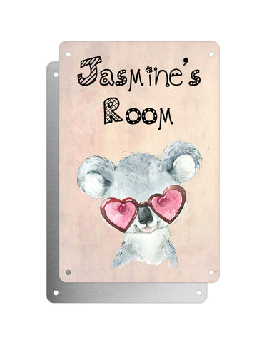 Cute Animal Personalised Name Plaque – Baby Koala With Heart Sunglaseses | Vintage-Style Aluminium Sign for Kids’ Room