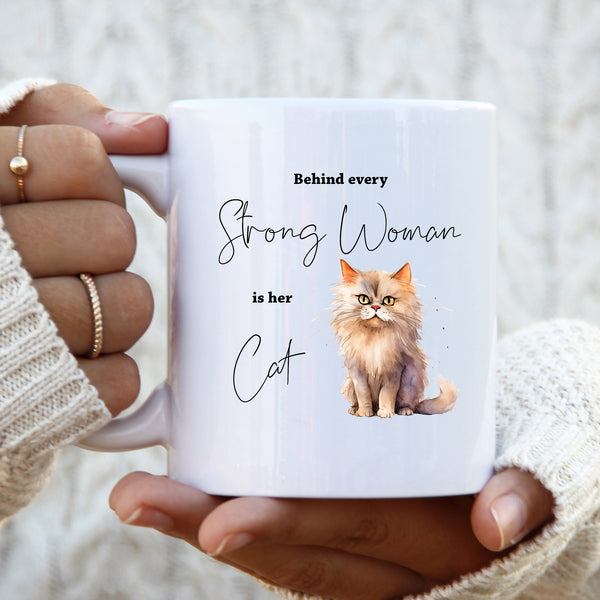 Behind Every Strong Woman is Her Cat, Funny Gift, White Cat, Personalised Mug