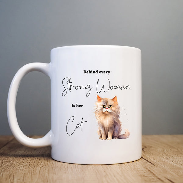 Behind Every Strong Woman is Her Cat, Funny Gift, White Cat, Personalised Mug