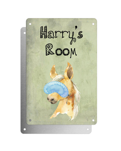 Cute Animal Personalised Name Plaque – Baby Foal With Sleep Mask | Vintage-Style Green Aluminium Sign for Kids’ Room