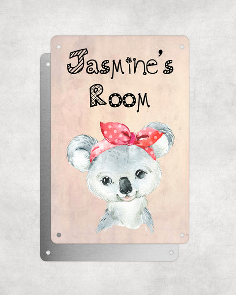 Cute Animal Personalised Name Plaque – Baby Koala With Head Tie | Vintage-Style Aluminium Sign for Kids’ Room